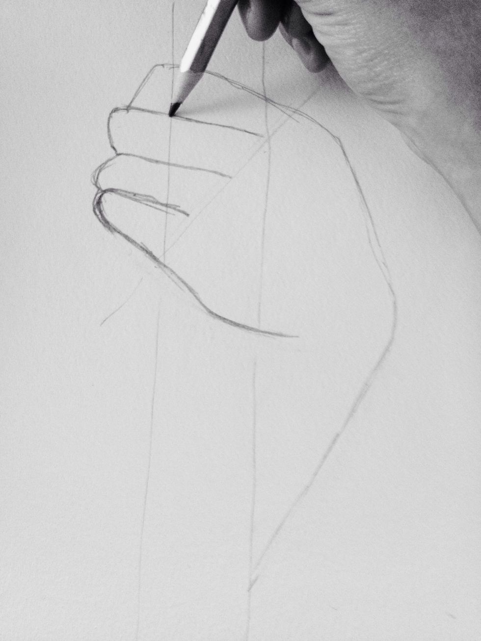 Put your pencil on the bottom of the pointer finger line where the staff outline is. (Tap the image to see it better)