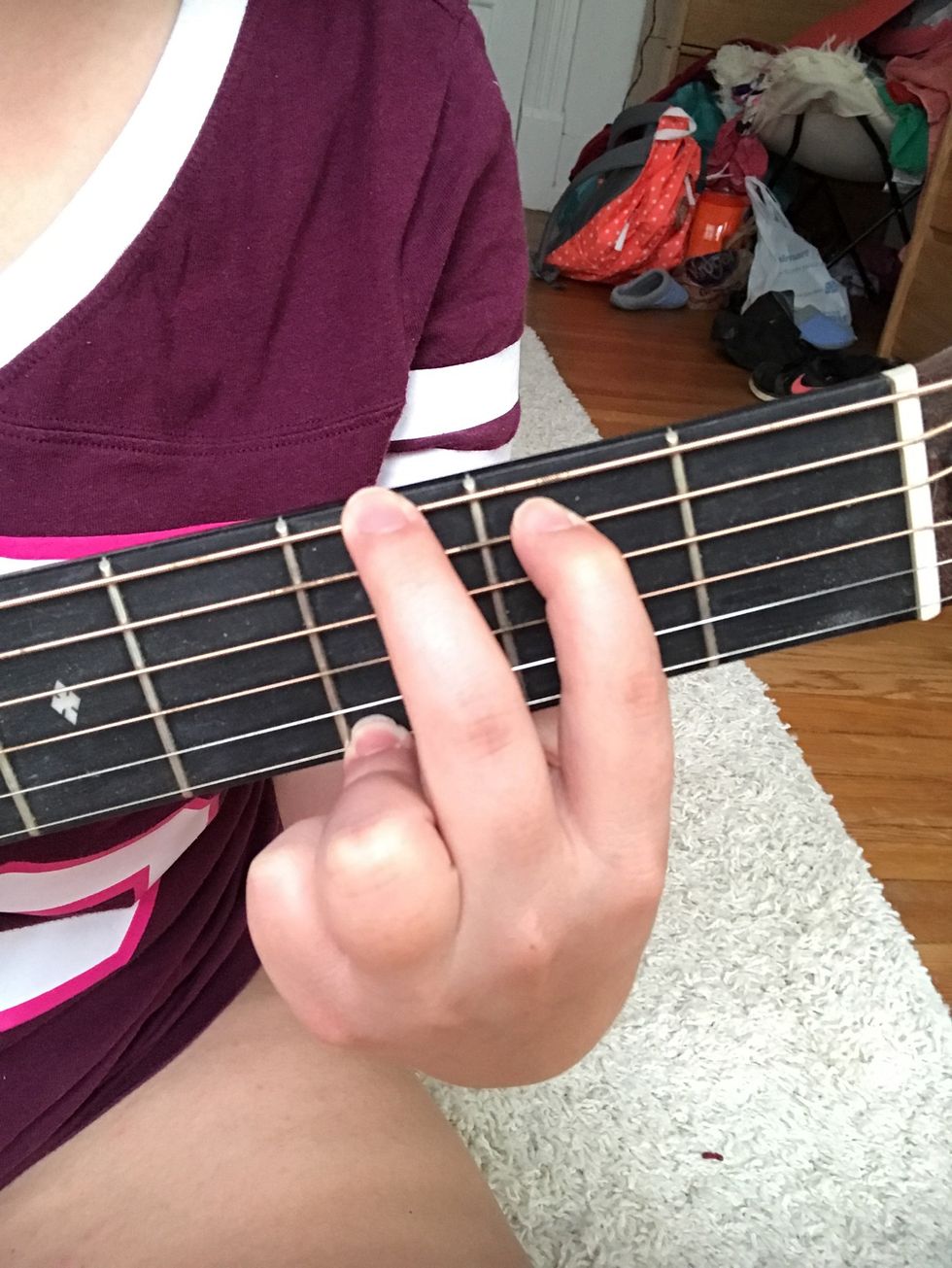 Put your pointer finger on the 5th string, 2nd fret. Your middle finger on the 6th string, 3rd fret. Your ring finger on the 1st string, 3rd fret. Press down. Make sure you're continuously strumming.
