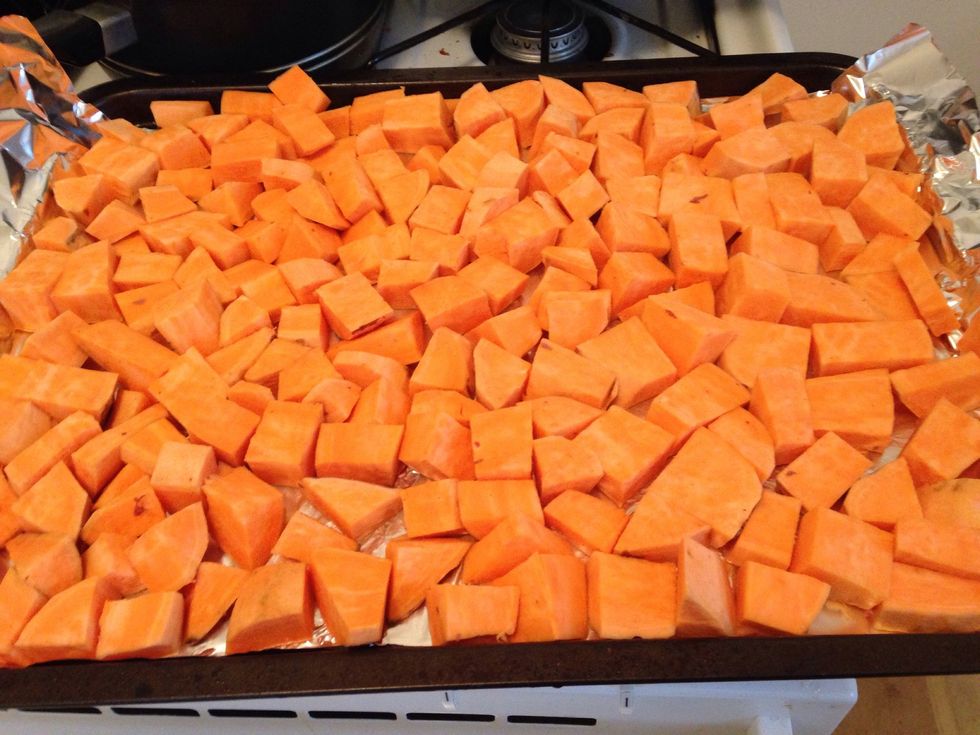 Put your potatoes on the cookie sheet, make sure the pieces aren't overlapping. If they are moist you should leave them out for at least half an hour to dry out.