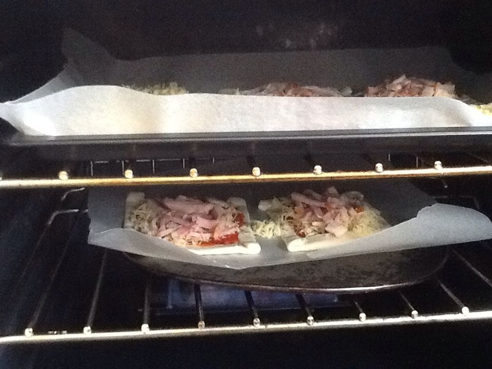 Put your Puff-Pastries into the oven and bump the temperature up to 350 degrees (Celsius). Let it sit there until The crusts are golden brown.