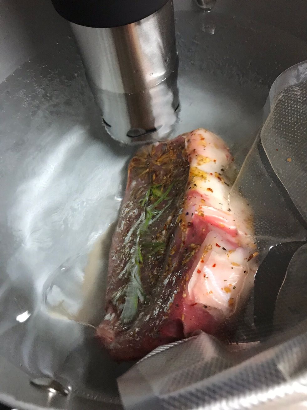 Put your sealed steak in the water, e sure it is totally submerged