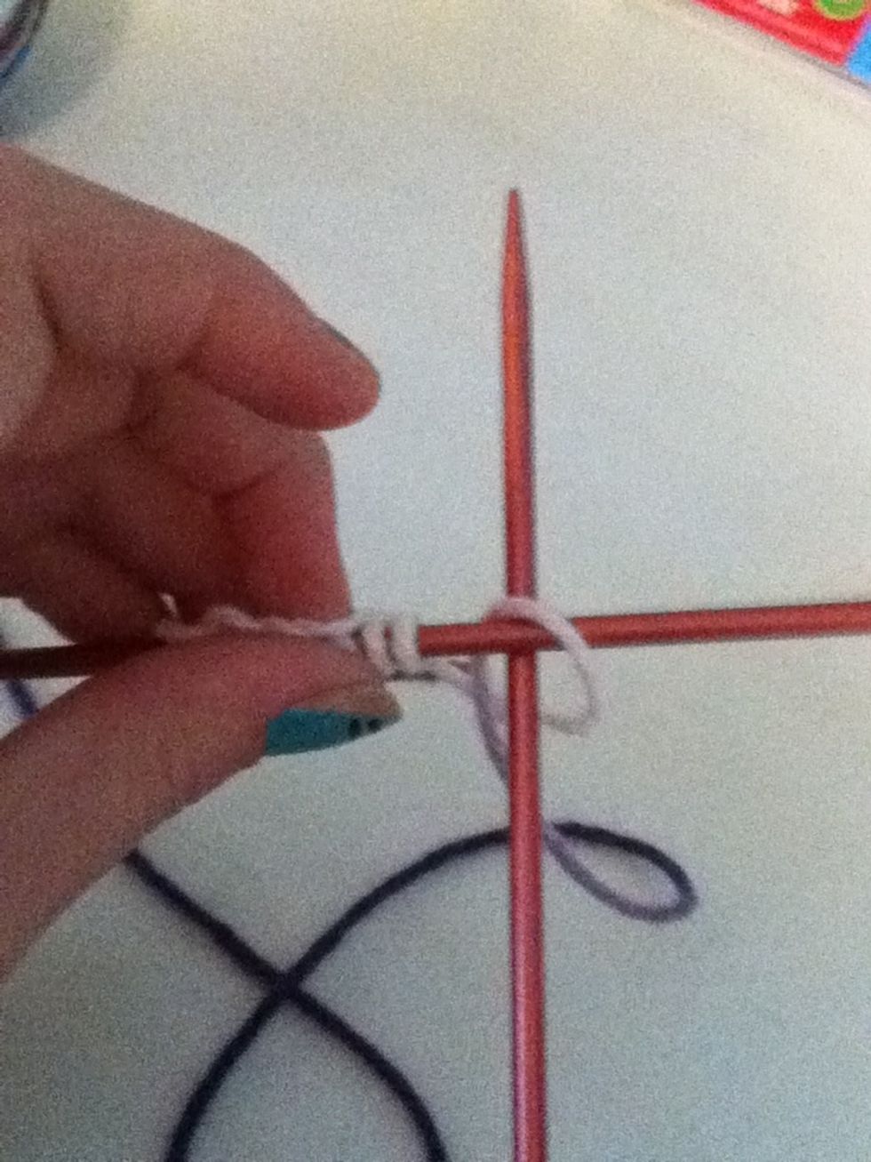 Put your yarn through the cross and pull the needle across the other and simply start again