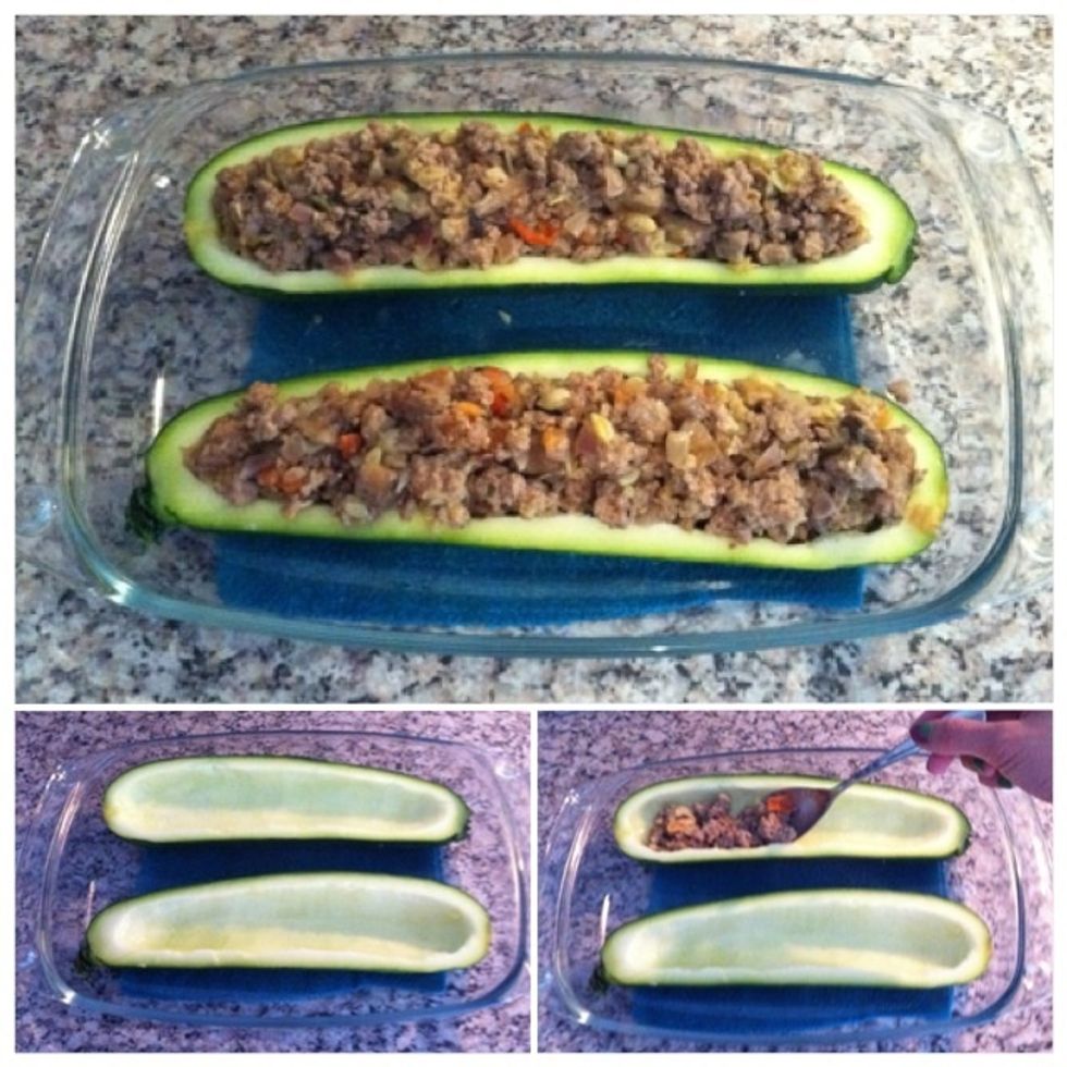 Put zucchini into baking dish and add meat and veggies into both halves. Optional: you may add cheese on the top of it. I choose to do it afterwards (see step 11).