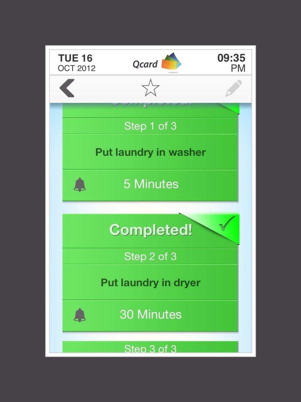 QCard now shows that you have completed putting the laundry in the dryer.