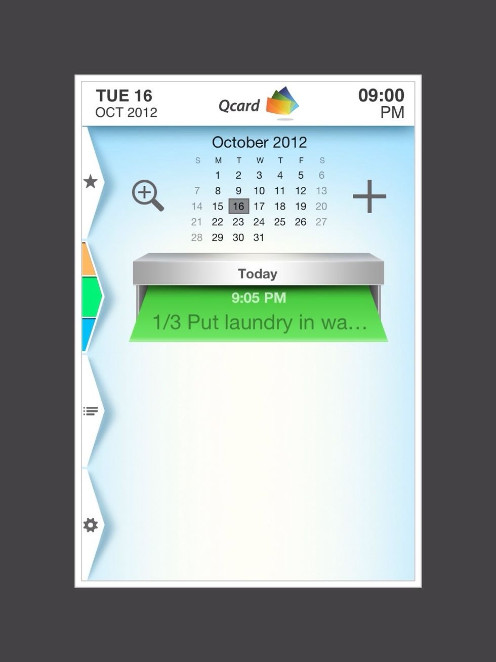 QCard shows you are on Step 1. Tap on "1/3 Put laundry in wa..."
