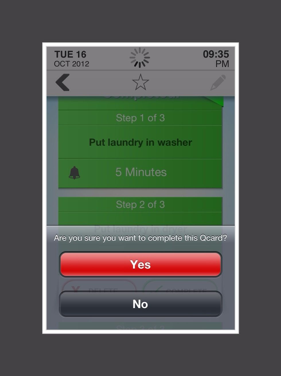QCard will ask if you are sure you want to complete this card. Tap "Yes"