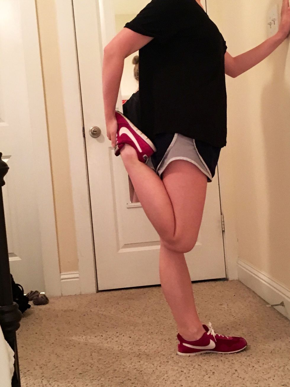 Quadricep Stretch: Bring heel to bottom with knees together. Repeat on each leg.