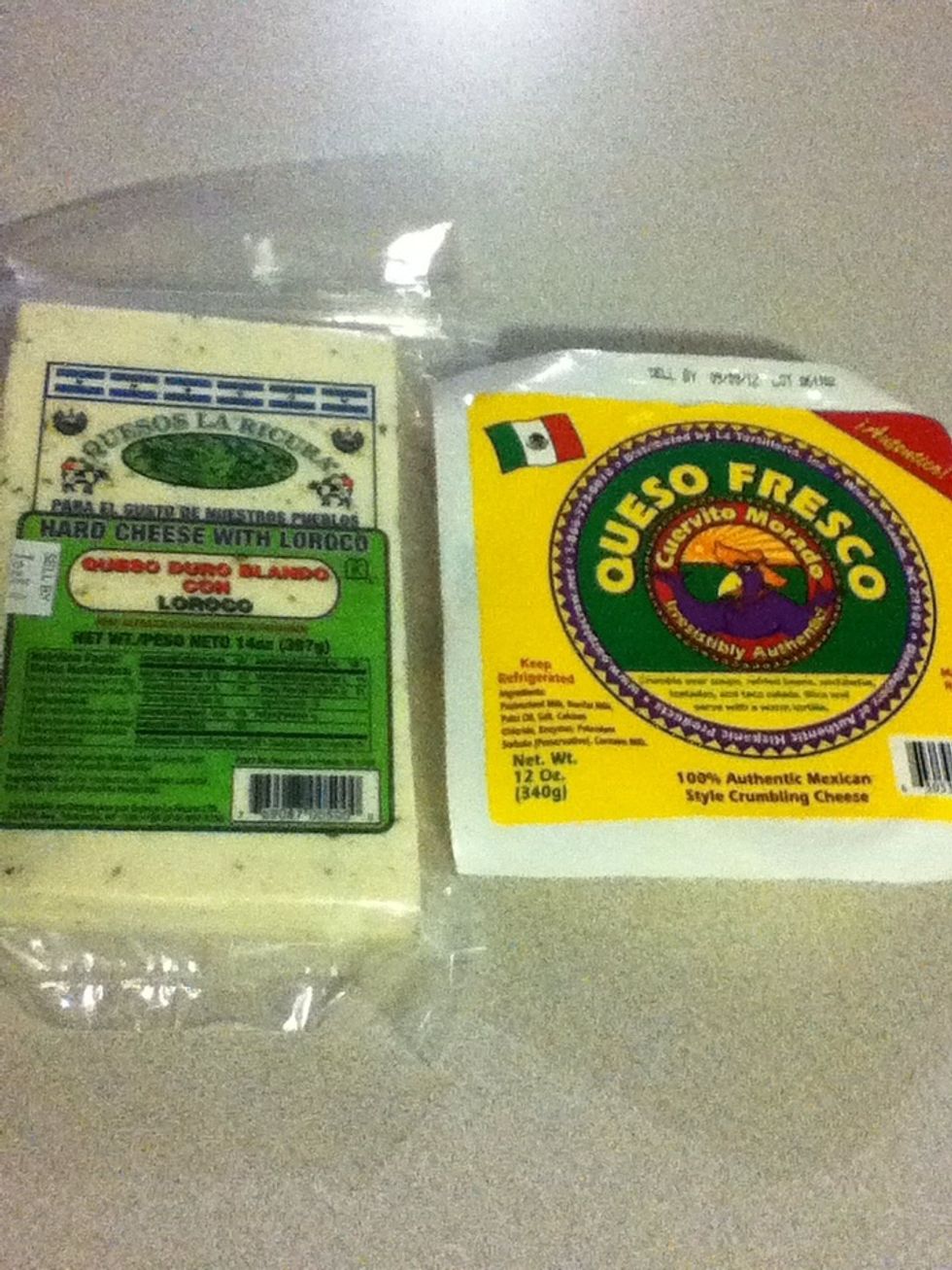 Queso fresco, which is a soft fresh cheese, and queso seco, a hard aged cheese, are both traditional Mexican cheeses good for crumbling on these tacos. Both are salty so a little goes a long way.