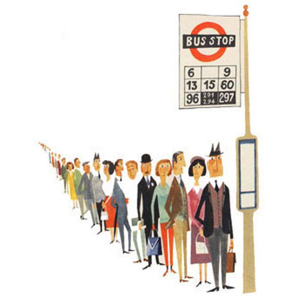 Queueing for a bus is normal in the UK but getting the bus requires more awareness. A bus will not stop at every bus stop. It will stop only when you stretch your arm out to get the drivers attention.