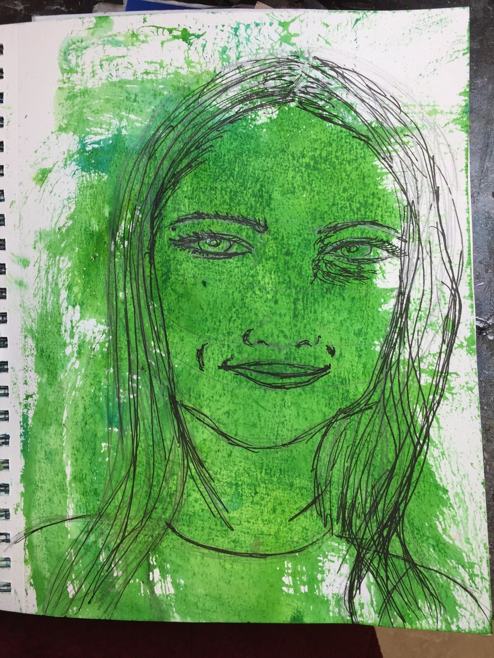 Quick sketch a face over a splash of watercolor, my base is lime green