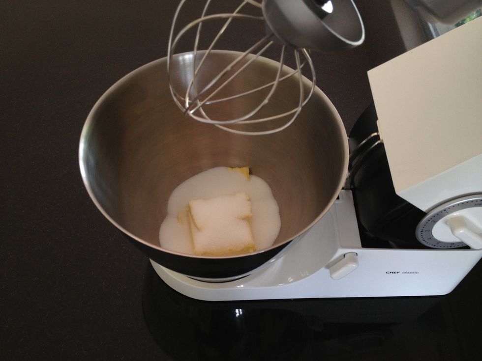 Quickly mix the Margarine and Caster Sugar with a spoon and then beat in a mixer for 5-6 minutes.