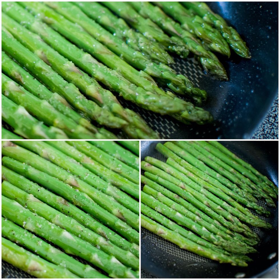 Quickly!!!!!!! Place your asparagus in the pan and immediately season it. I used about 4 shakes of each seasoning. Quickly, add the garlic powder, salt, and black pepper.