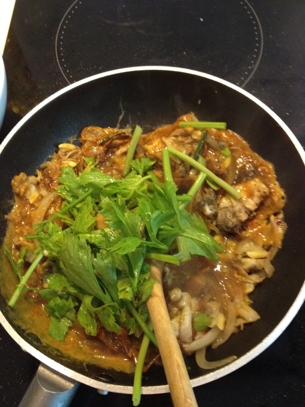Quickly stir until half cooked then add celery and spring onion(if use). If it looks a bit dry add a bit of water. The dish should looks a bit runny.