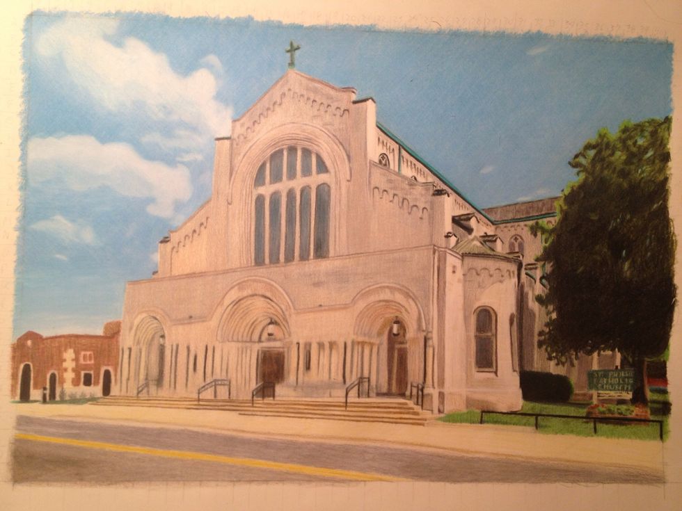 Railings complete, darkening and columns by doors being shaded