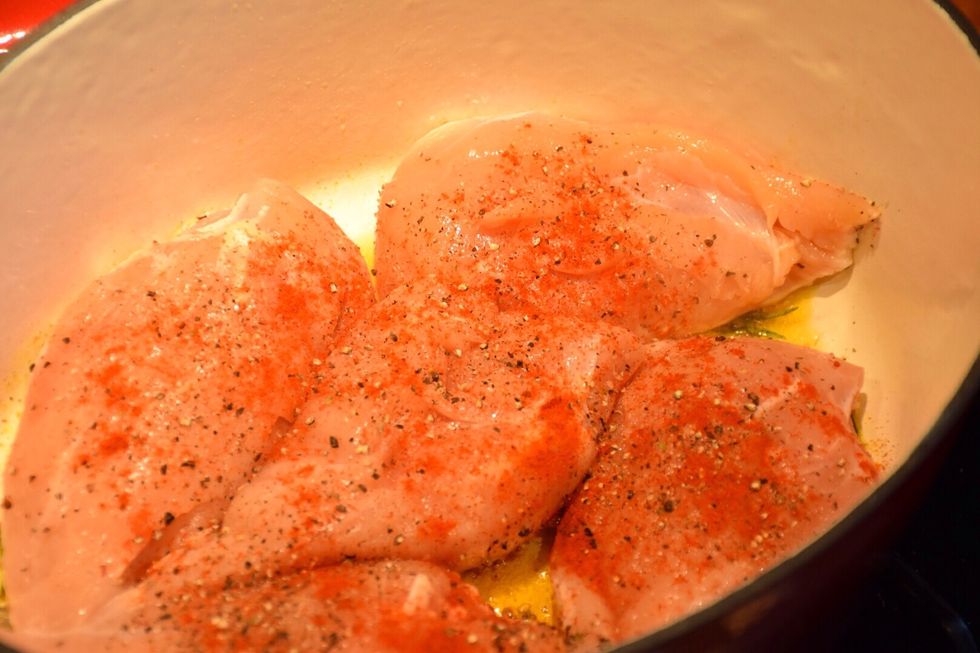 Raise heat of Dutch oven to medium high and sear presentation side down for 5 minutes or until you get a nice sear. Turn over after 5 min. Cover and place in preheated 350F oven for 20min.