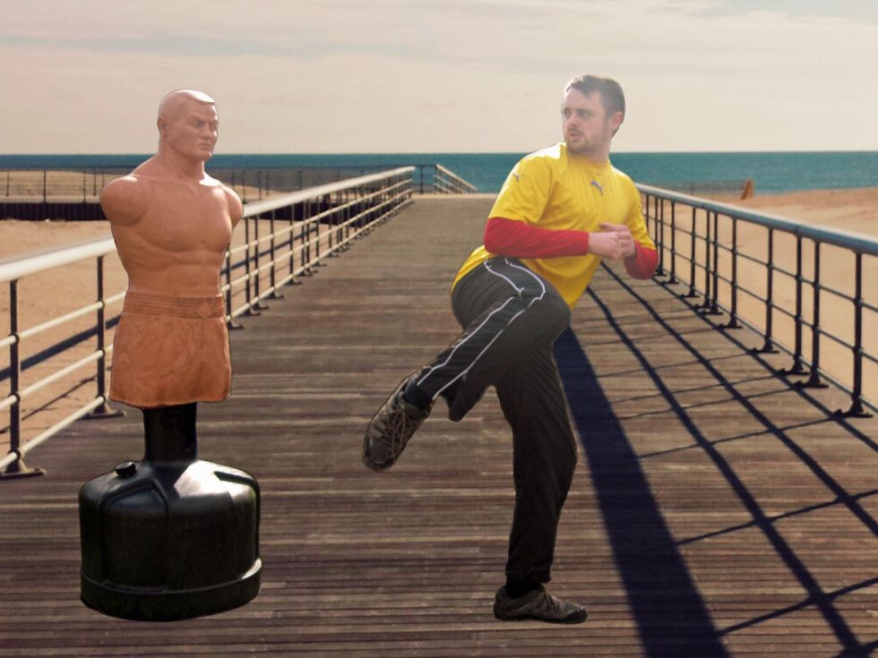 Raise the tucked kicking leg up slightly out to the side, ready to sweep across the target with the sole of the foot.