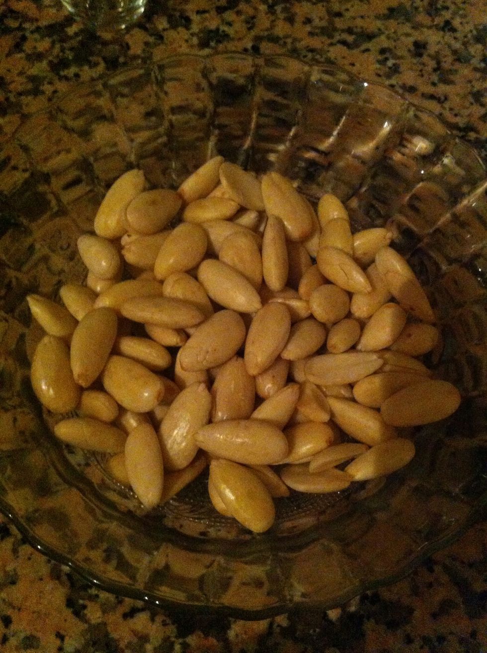 Raw Almonds cooked in hot water for about 15 minutes.