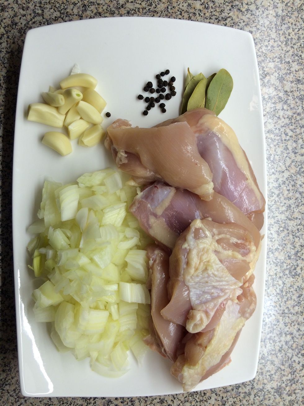 Raw uncooked poultry should never be mixed with other food, but in this case everything is going in the same marinade. I like to leave some skin on the chicken and I always cut the thighs into halves.