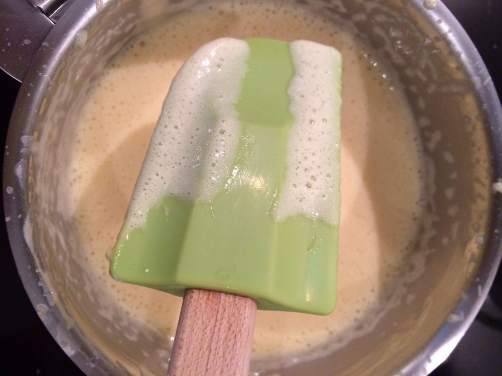 Re put the whole thing back in the pot and on the fire. Cook slowly until it thickens.  It is ready when the cream leaves a trail on the spatula