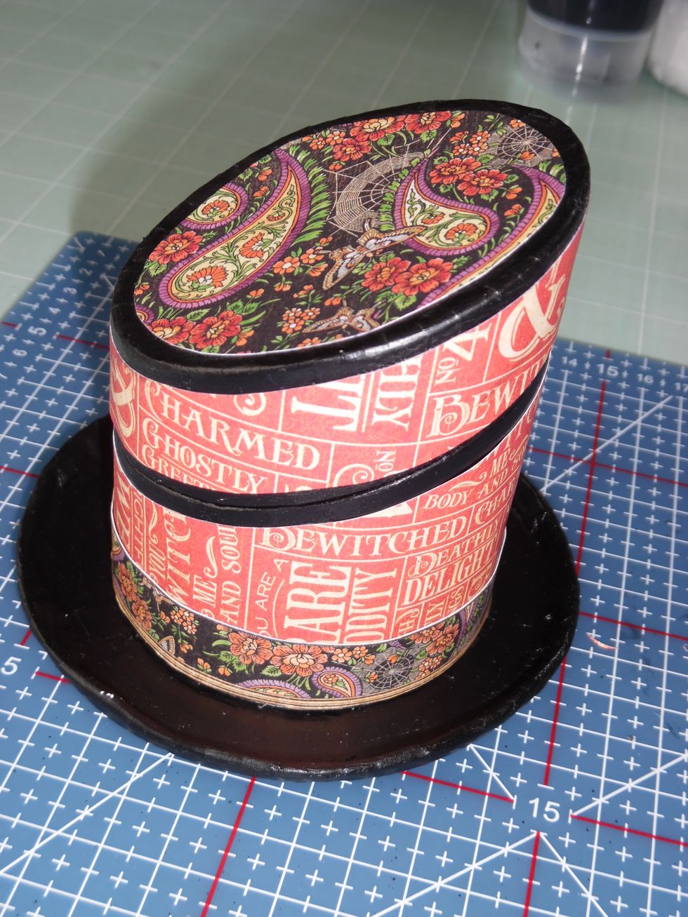 Re-use the template when covering with 'Rare Oddities' background papers to get the correct size and shape. Add additional detail with complemetary hat band and topper.