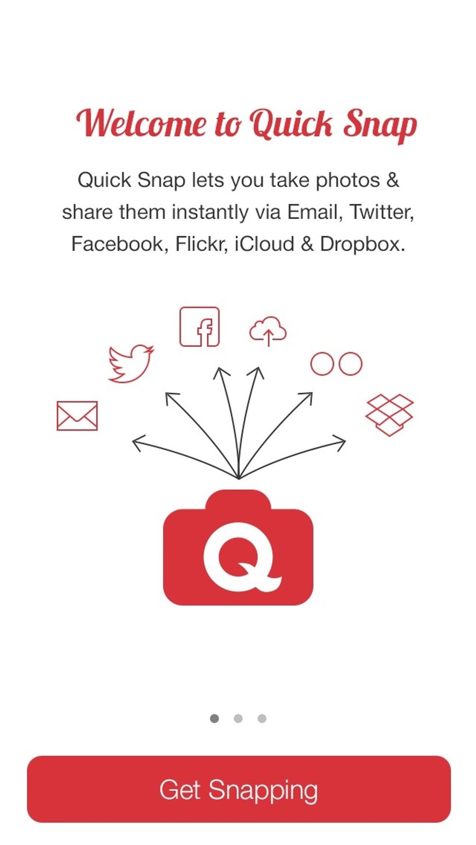Read through the introduction to understand how the App works. Quick Snap allows you to take pictures and send/upload them instantly via email, Facebook, Twitter, Flickr, Dropbox and iCloud.