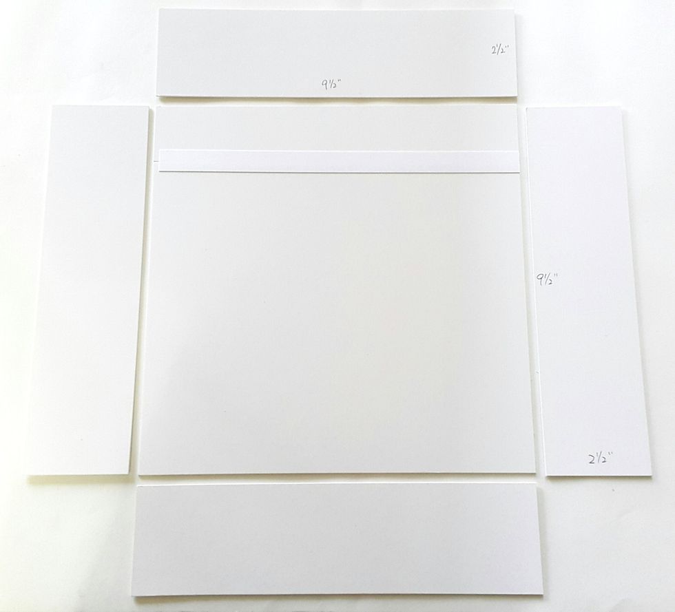 Ready 1pc of chipboard with 9 \u00bd\u201d x 9 \u00bd\u201d and 4pcs with 9 \u00bd\u201d x 2 \u00bd\u201d for the box base.