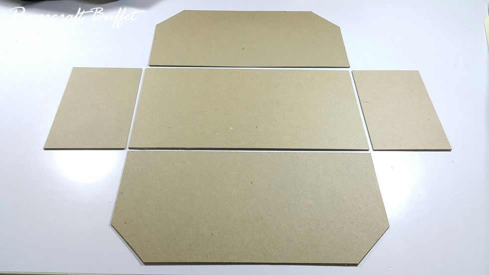 Ready chipboard 1pc 5-1/4"x10-11/16", 2pcs 3-1/2"x5-1/4" and 2pcs 10-11/16"x5" (chop 1/2" from corner to form shape as shown)