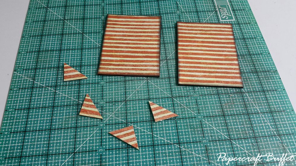 Ready parts for the balcony, 2pcs of 3-3/4"(D)x2-7/8"(W) chipboard, cover with paper. Then 4pcs of covered small triangle for supporting the balcony.