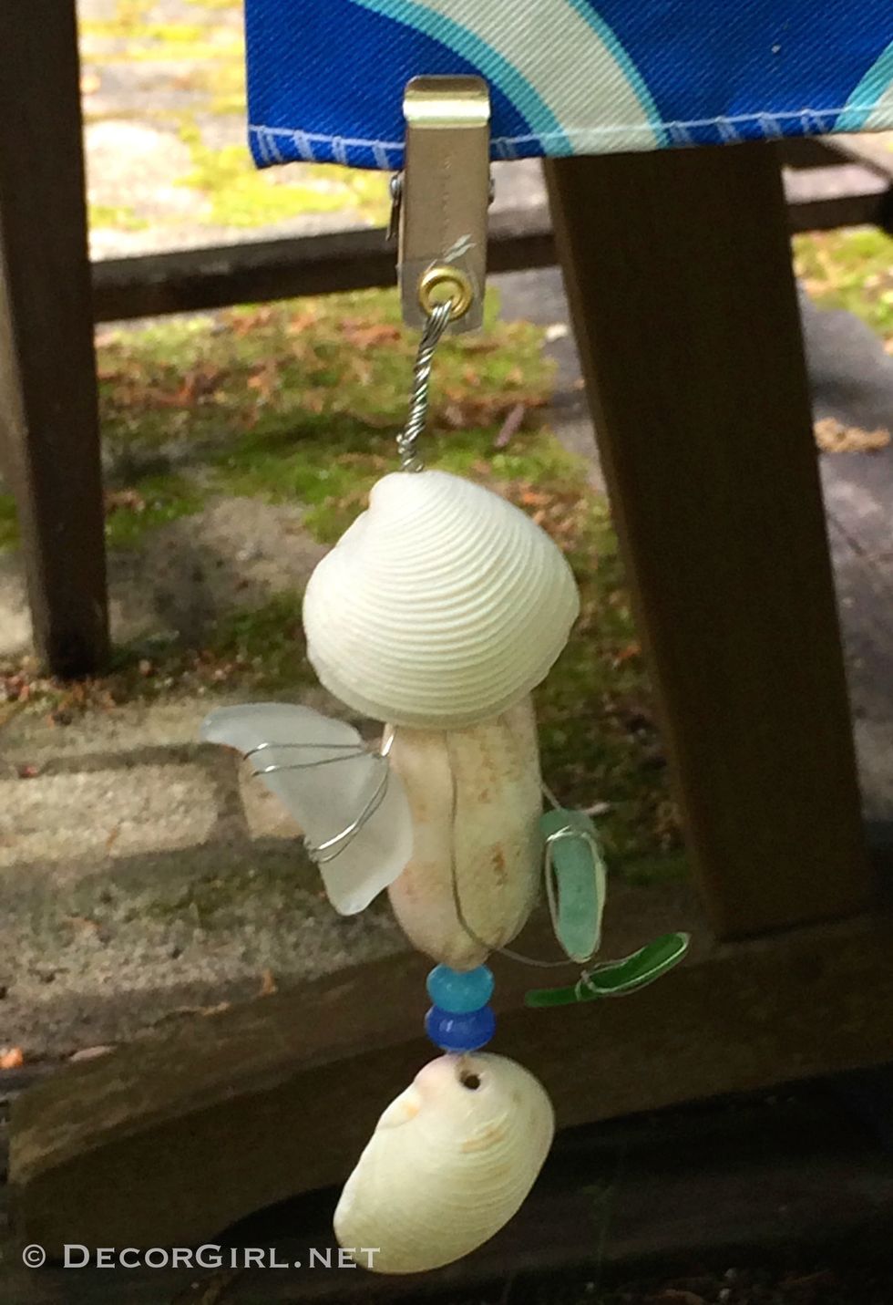 Ready to hang!   These are really quite random.  Use beads colors to coordinate with your decor.  Add more shells or sea glass if you desire.  All five were completed in under an hour.