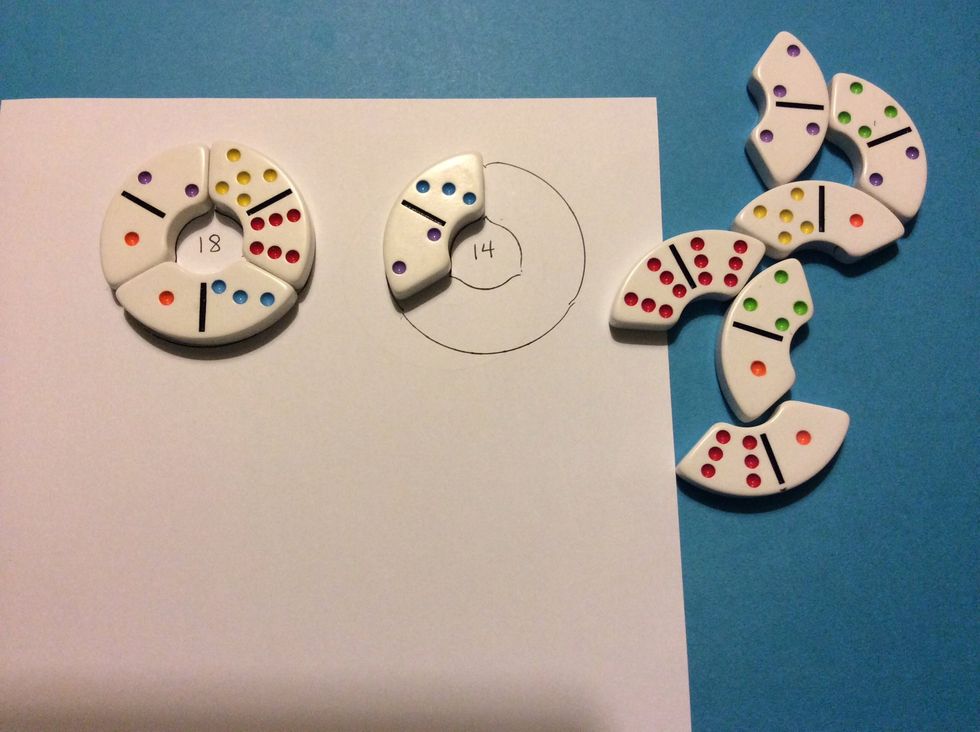 Reasoning/Pre-Algebra Skills: Bendominoes are great for creating activities such as the one pictured above, in which students must place dominoes that add up to the sum in the center.