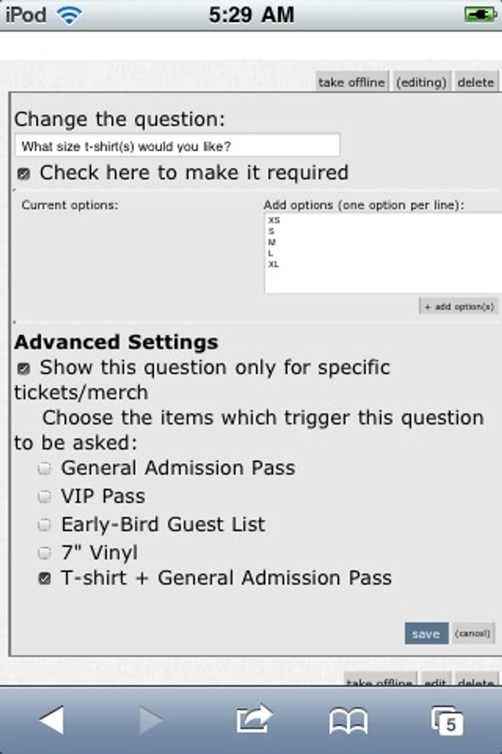Recall that t-shirt bundle? Here you can ask guests what size(s) they want, list sizes as options, and make it required. Then "show this question only for specific items/merch", and pick the bundle!
