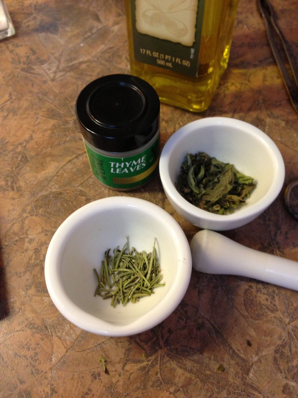 Recipe calls for Thyme. I tried also adding some Rosemary & Basil. My sister used ground coriander & Spanish paprika. Play around with spices you like!