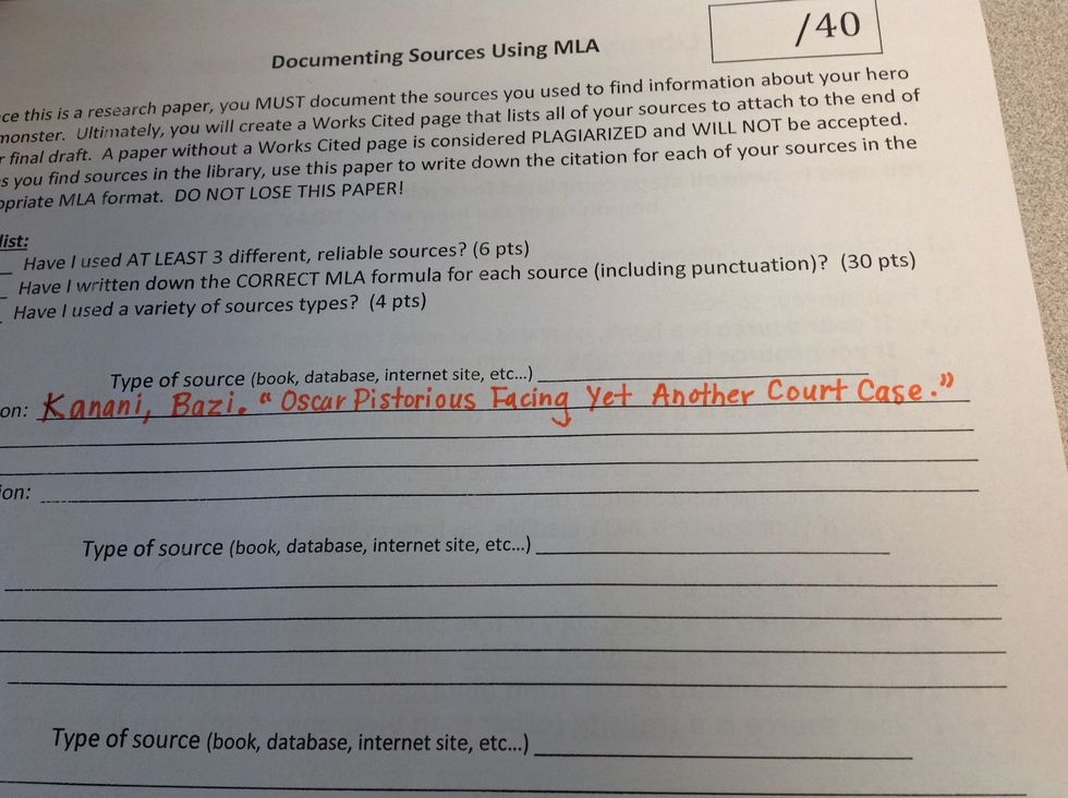 Record author name and article title on sheet according to formula.