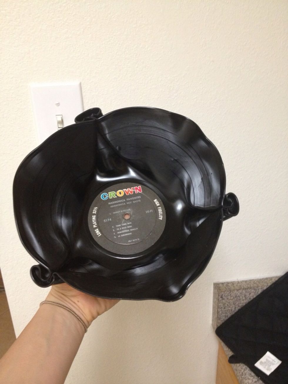 Record bowl! This vinyl was warped otherwise I wouldn't do it- but 200 degree oven, a bowl and 5 min. Done!