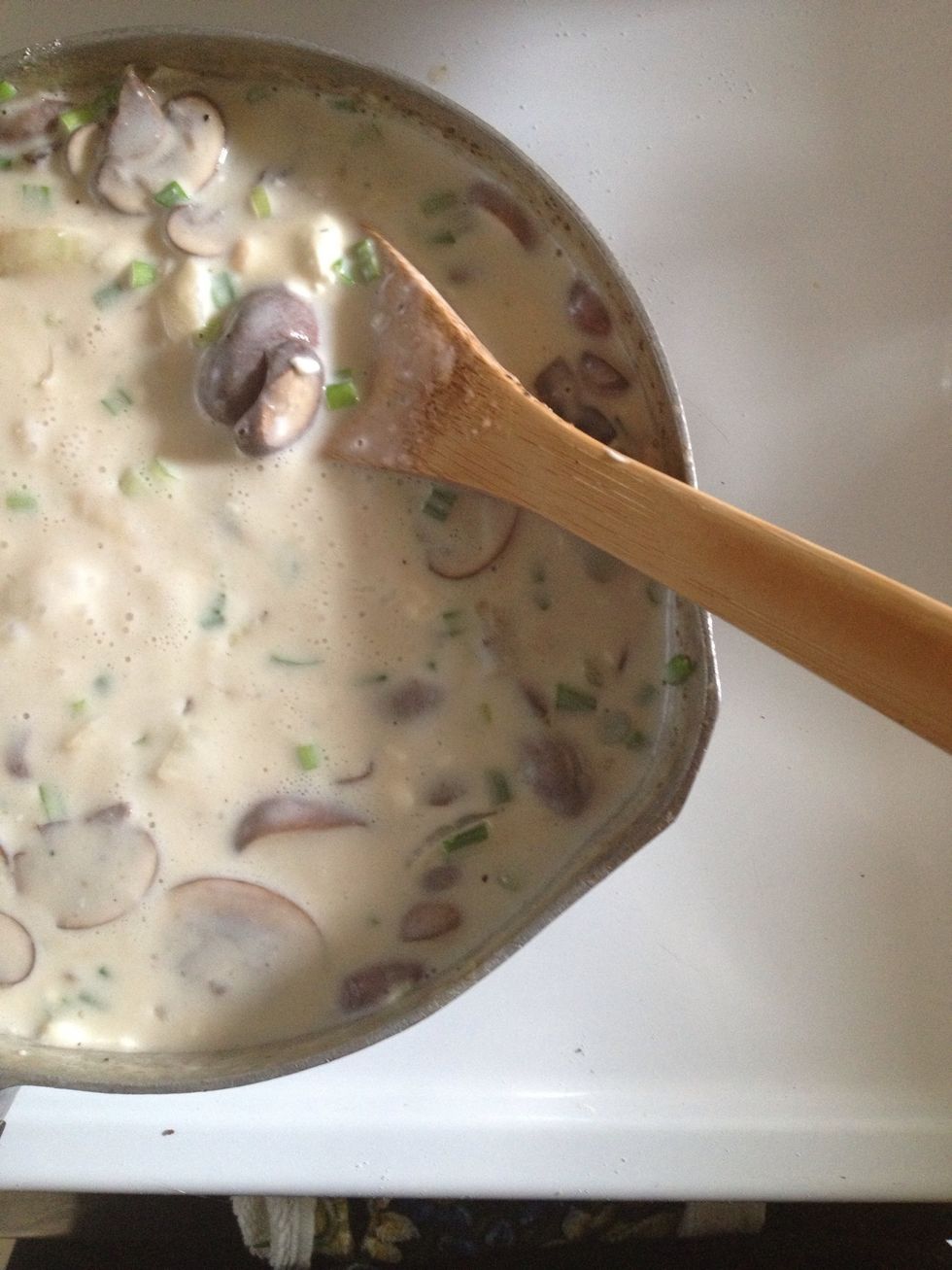 Reduce heat to medium. Stir flour into onion mixture. Immediately add milk and stir. Return to a boil, stir until thickened. Stir in cream cheese and chopped scallions. Add salt and pepper to taste.