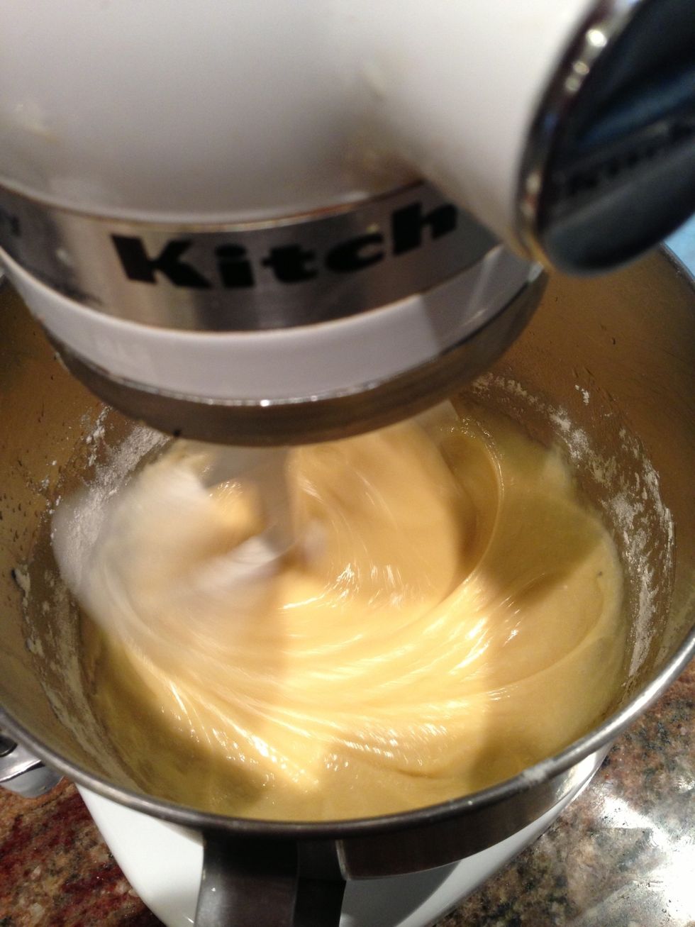 Reduce speed and add half dry ingredients.