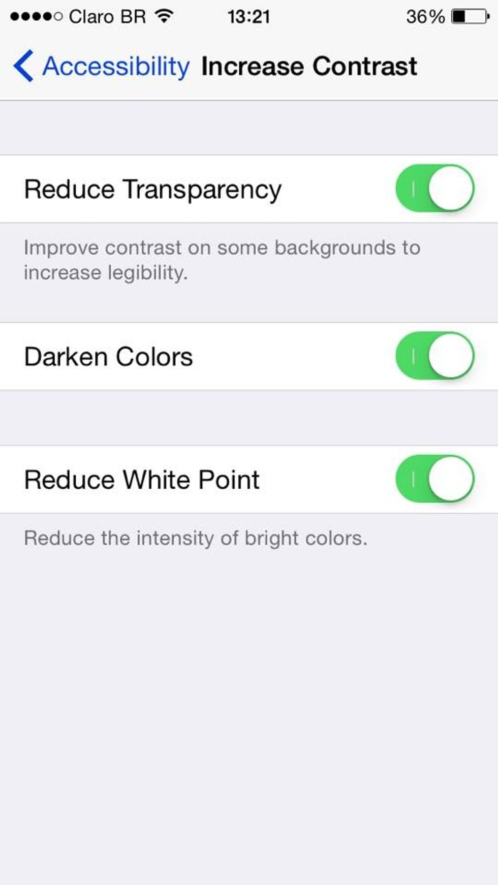 "Reduce White Point" slightly darkens your screen. "Darken Colors" makes objects e.g. the On/Off lables and the recording bar of Facebook's Messenger grayish.