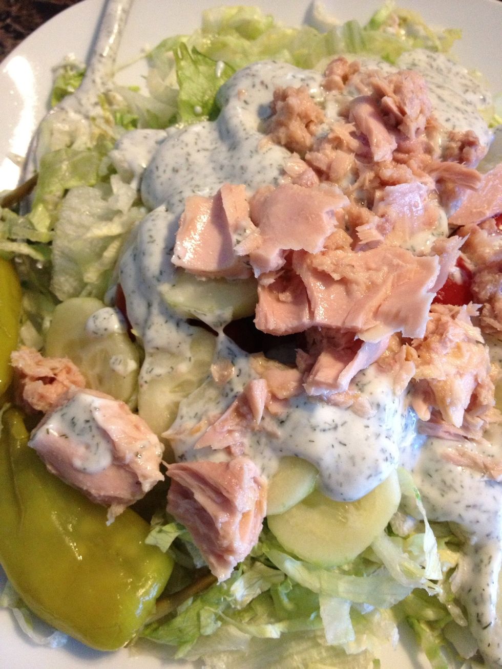 Refrigerate for at least an hour, and enjoy. Hey, the dressing is vegan/vegetarian, not my salad. \ud83d\ude09