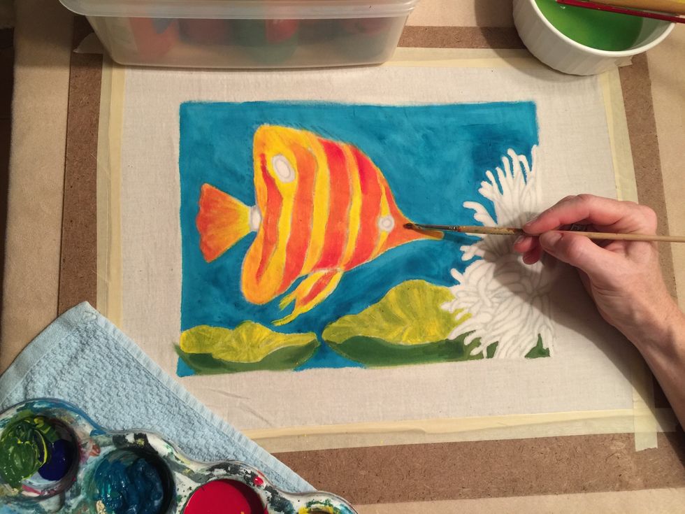 Remember, the first application of paint will be the color that soaks into the fabric. Any tempera that you "layer" on top will eventually be washed away and will not affect the finished piece.