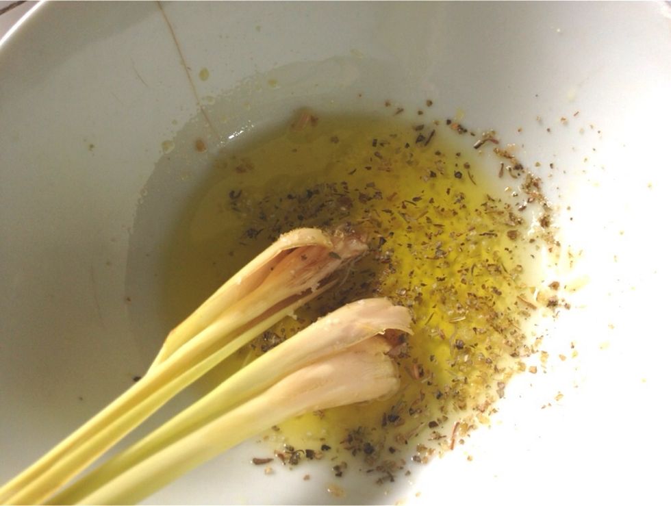 Remember the lemongrass brush? :) add more olive oil in there and sprinkle with some dried herbs