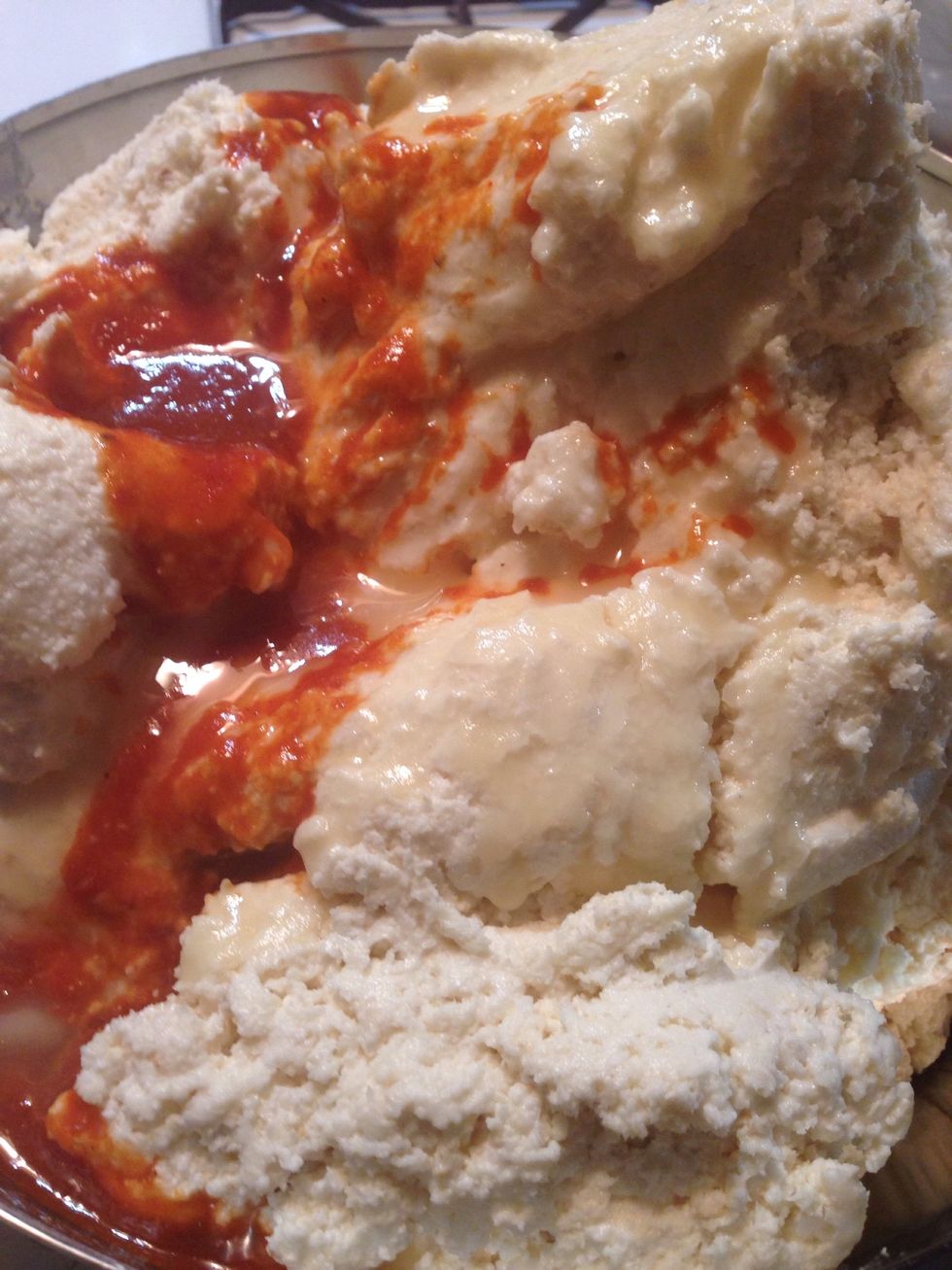 Remember the sauce you made (for the carne filling)? Pour 1 cup of it in the masa mixture.