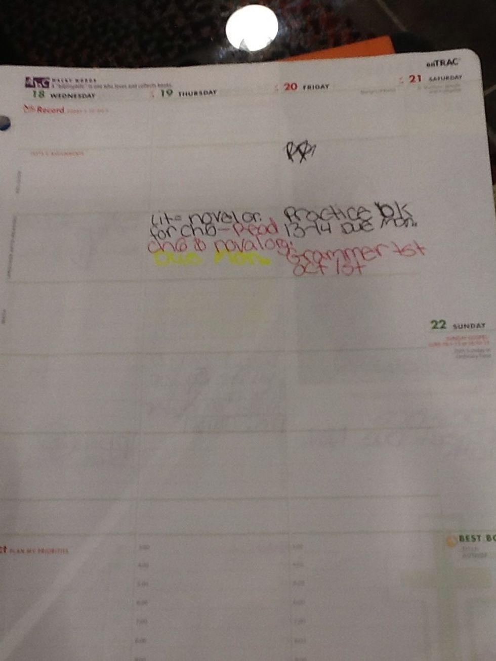 Remember to bring your agenda book to class every day, and bring it home every night.