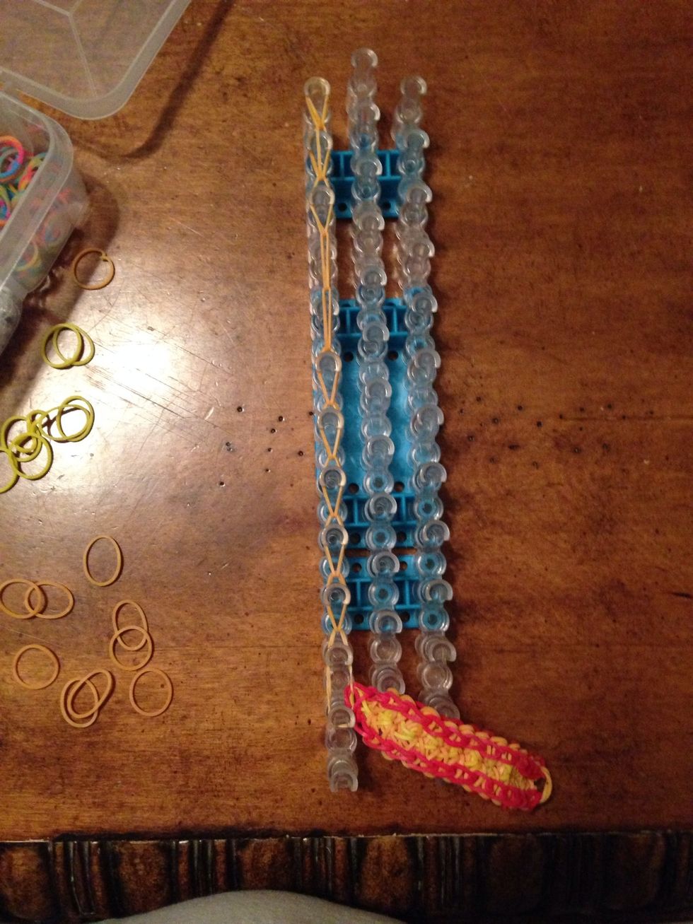 *remember to flip your loom before hooking! Hook the bands all the way across