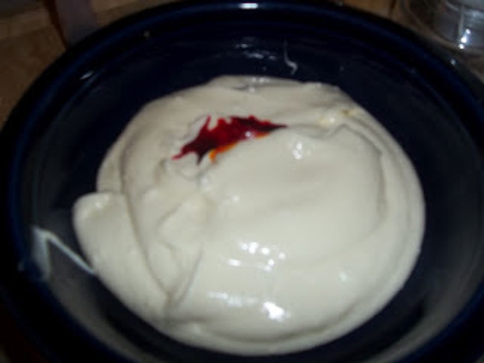 Remove 1/2-3/4 cup of the batter and put it into a separate bowl and Add food color and mix completely. If you choose to use 2 or more colors, use 1/4-1/3 cup for each color. Cut the tip off a bag.