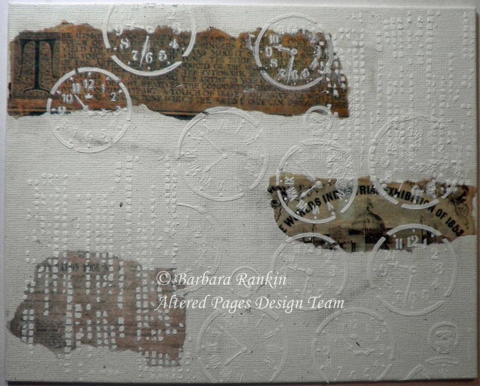 Remove all elements and apply crackle paste through Tile Texture Stencil. Let dry. Apply crackle paste through Time Travel Stencil. Let dry.