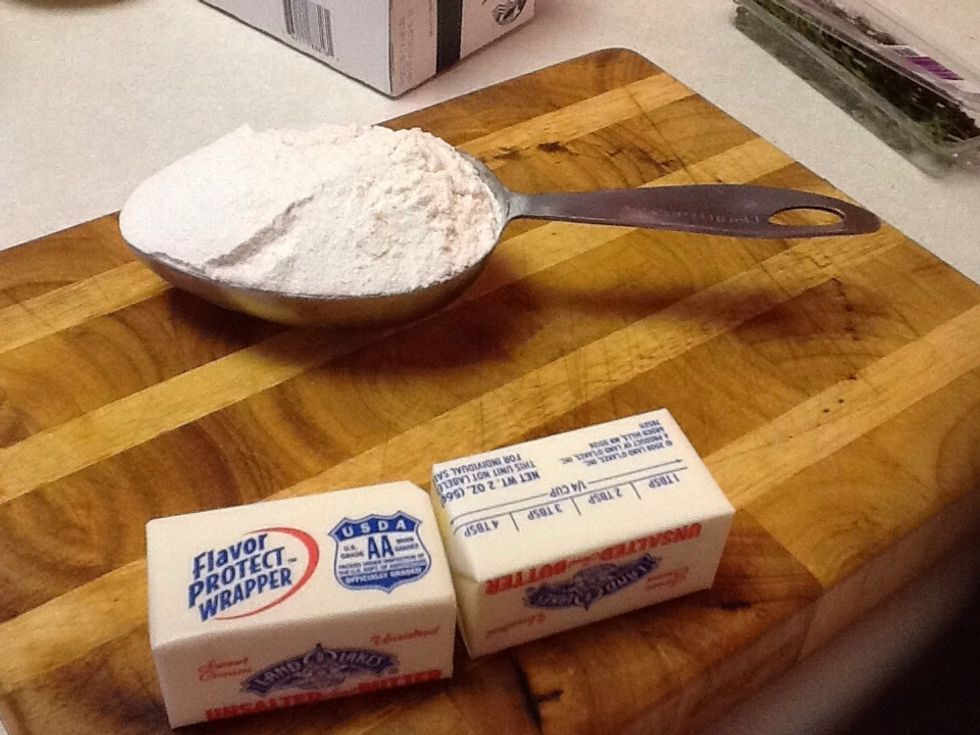 Remove andouille from pan and add 1 stick of butter and a half cup of flour.
