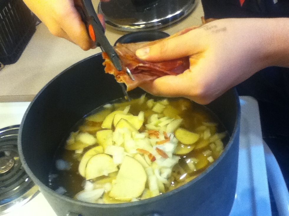 Remove bacon from packaging. You can cut bacon into small chunks with a knife, but I find it easier to use a cooking scissors.
