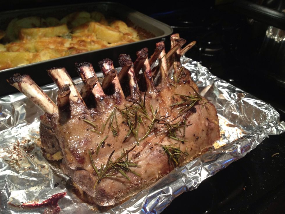 Remove baked lamb from oven and let sit for 10 minutes.