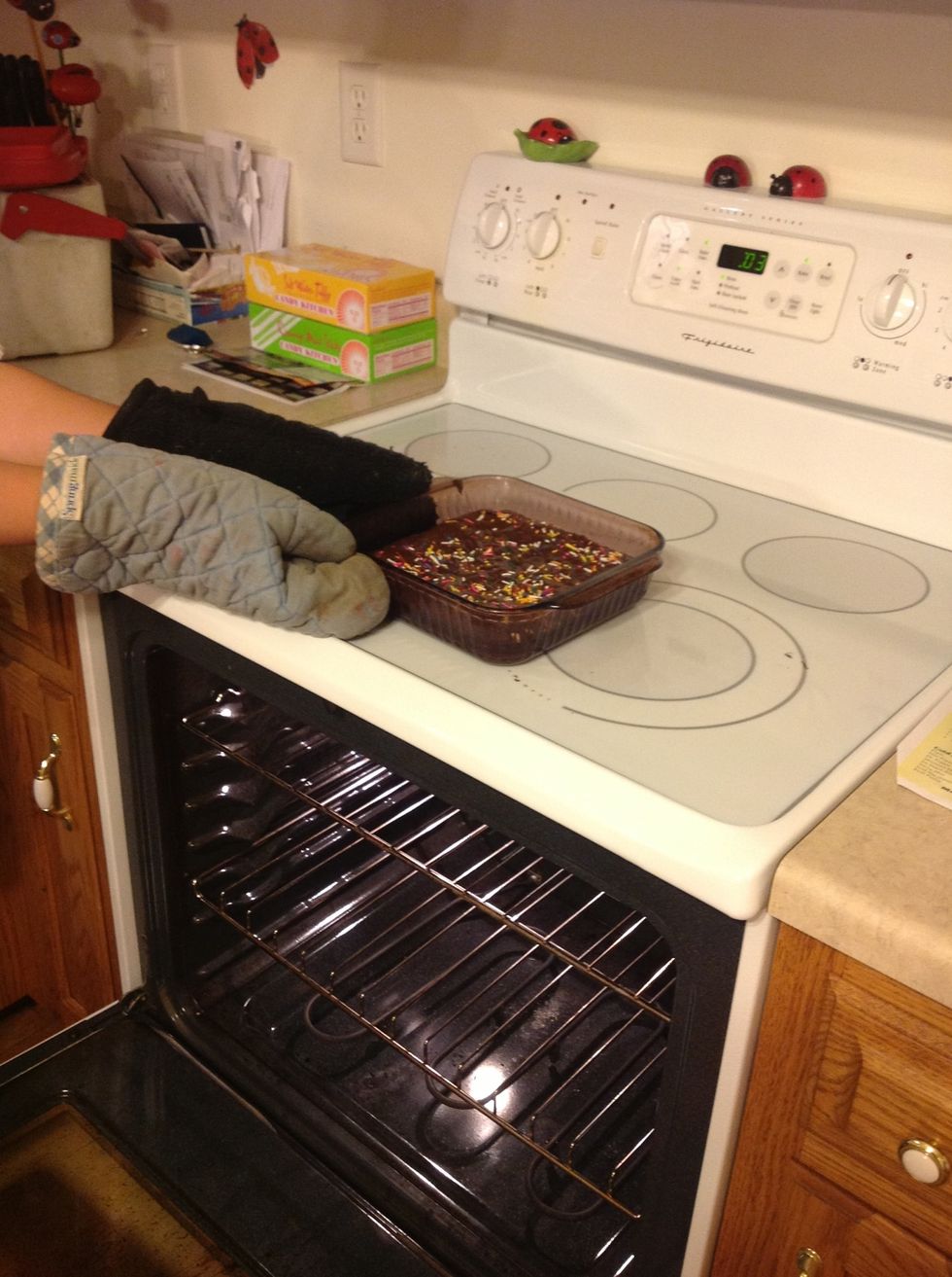 Remove baking pan from oven when timer goes off.