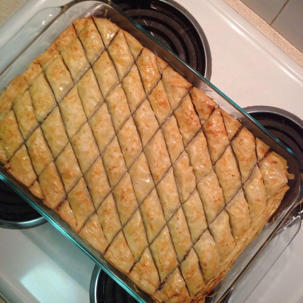 Remove baklava from the oven - it should smell buttery and sweet and look something like this!
